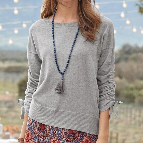 NWT Sundance Loveliest Pullover Sweater Size L Gray Ruched Sleeve Cotton Wool - Picture 1 of 8